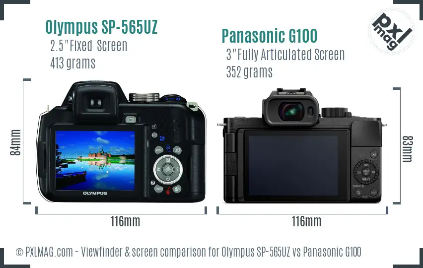 Olympus SP-565UZ vs Panasonic G100 Screen and Viewfinder comparison