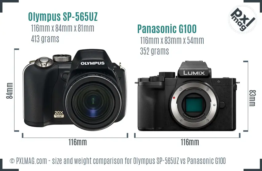 Olympus SP-565UZ vs Panasonic G100 size comparison