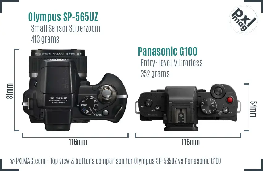 Olympus SP-565UZ vs Panasonic G100 top view buttons comparison