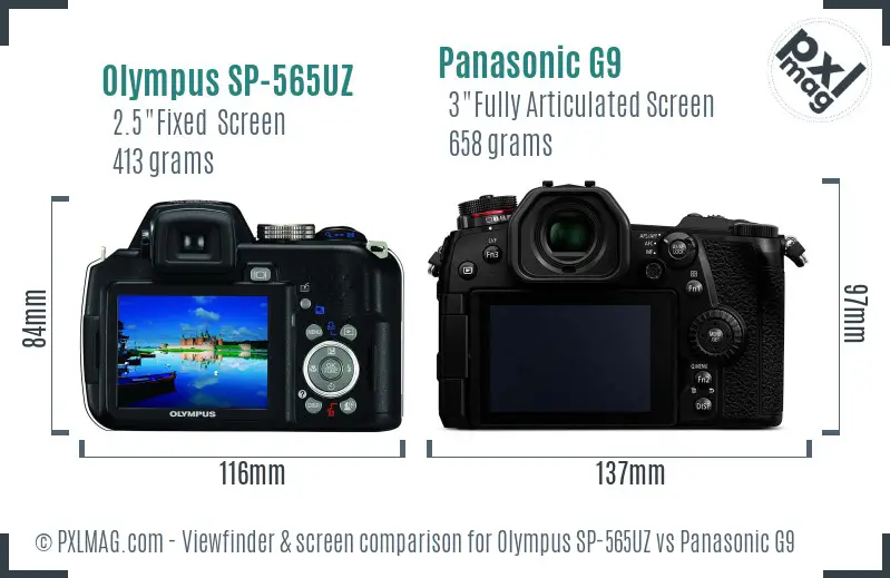 Olympus SP-565UZ vs Panasonic G9 Screen and Viewfinder comparison