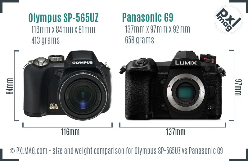 Olympus SP-565UZ vs Panasonic G9 size comparison