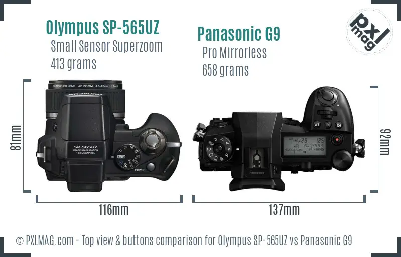 Olympus SP-565UZ vs Panasonic G9 top view buttons comparison