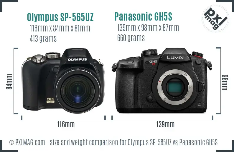 Olympus SP-565UZ vs Panasonic GH5S size comparison