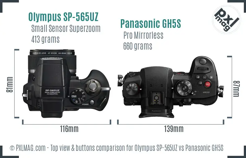 Olympus SP-565UZ vs Panasonic GH5S top view buttons comparison