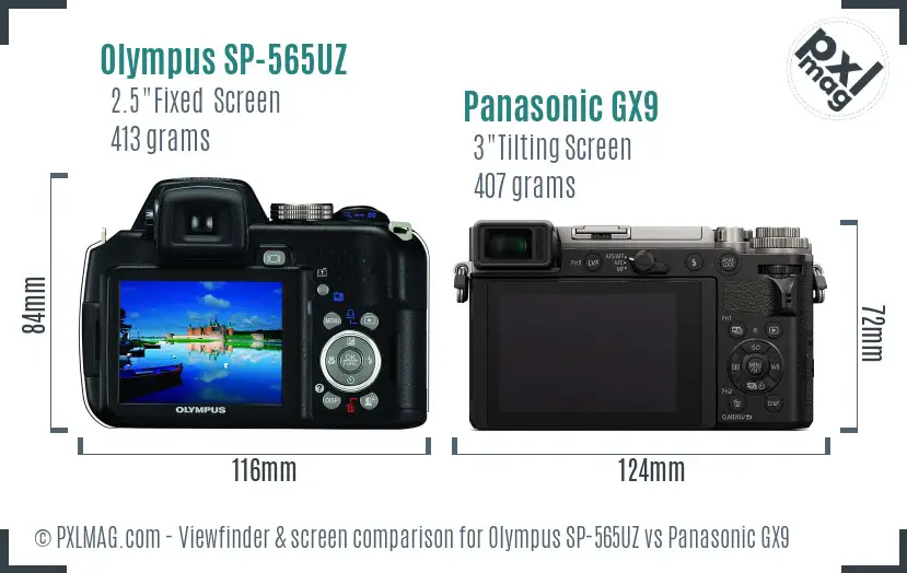 Olympus SP-565UZ vs Panasonic GX9 Screen and Viewfinder comparison