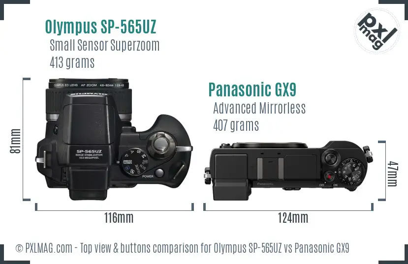 Olympus SP-565UZ vs Panasonic GX9 top view buttons comparison