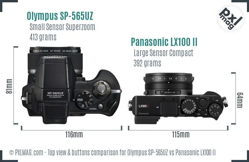 Olympus SP-565UZ vs Panasonic LX100 II top view buttons comparison