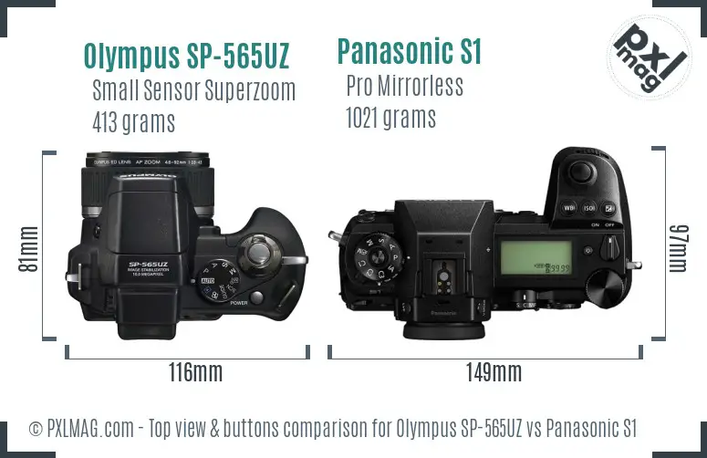 Olympus SP-565UZ vs Panasonic S1 top view buttons comparison