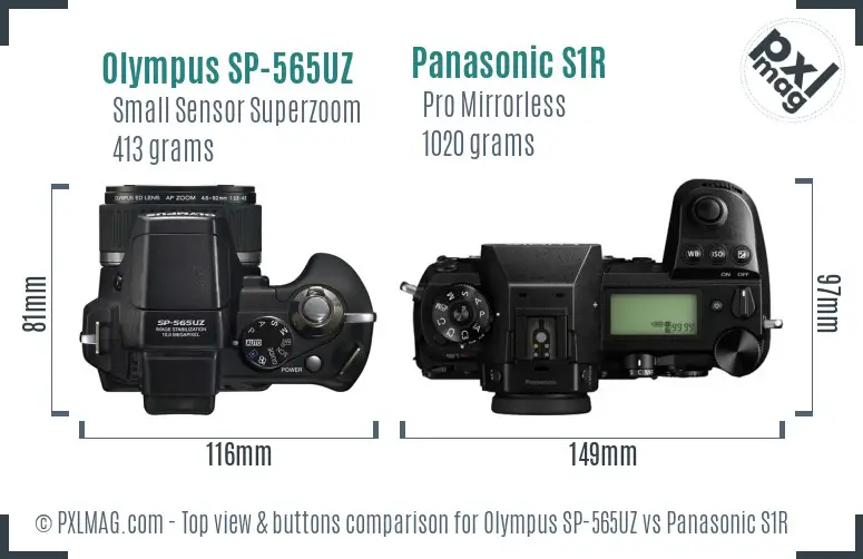 Olympus SP-565UZ vs Panasonic S1R top view buttons comparison