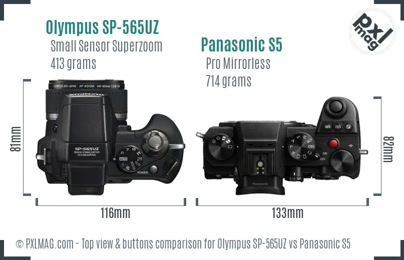 Olympus SP-565UZ vs Panasonic S5 top view buttons comparison