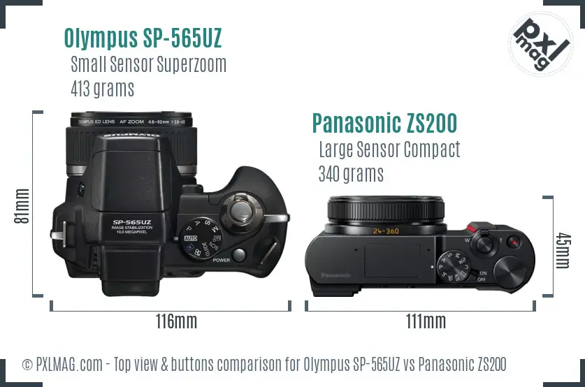 Olympus SP-565UZ vs Panasonic ZS200 top view buttons comparison