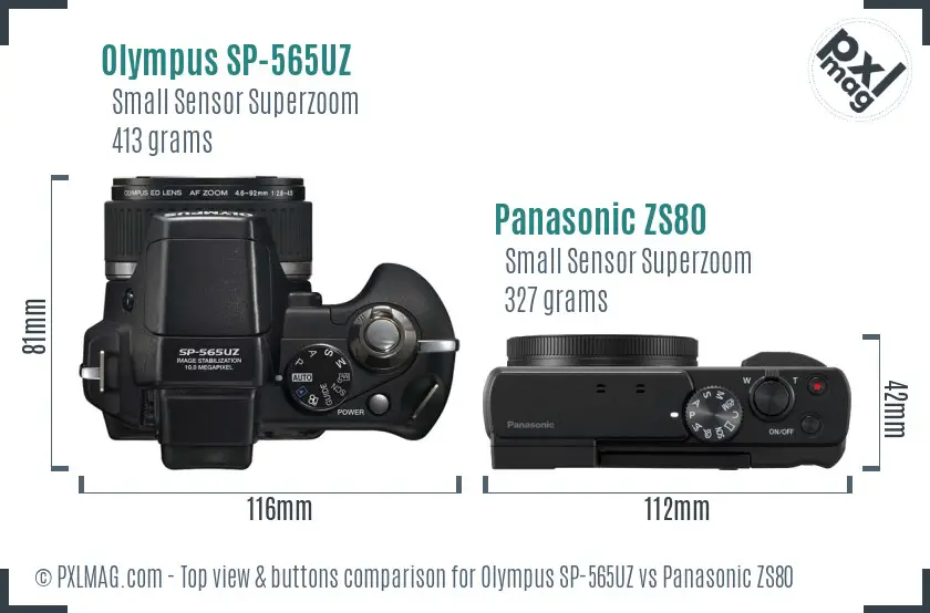 Olympus SP-565UZ vs Panasonic ZS80 top view buttons comparison