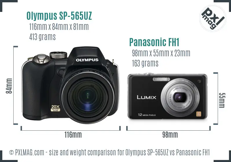 Olympus SP-565UZ vs Panasonic FH1 size comparison