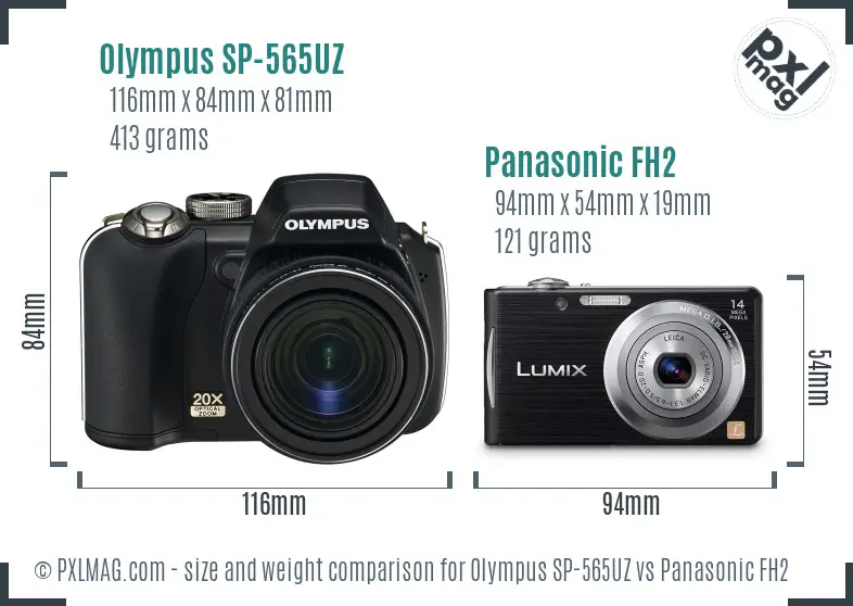 Olympus SP-565UZ vs Panasonic FH2 size comparison