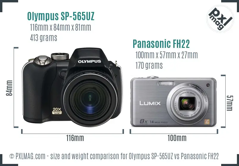 Olympus SP-565UZ vs Panasonic FH22 size comparison