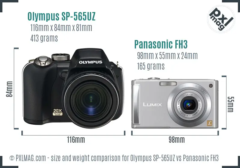 Olympus SP-565UZ vs Panasonic FH3 size comparison