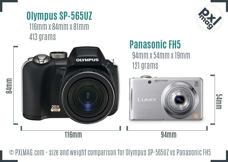 Olympus SP-565UZ vs Panasonic FH5 size comparison