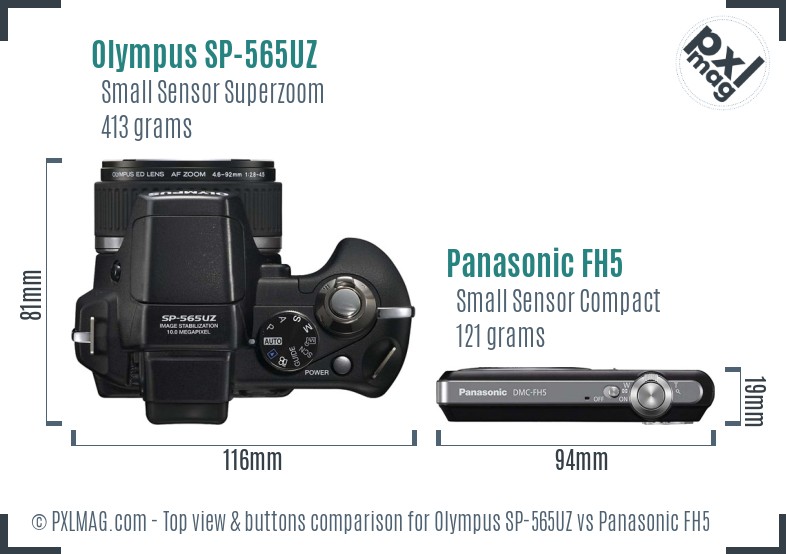 Olympus SP-565UZ vs Panasonic FH5 top view buttons comparison