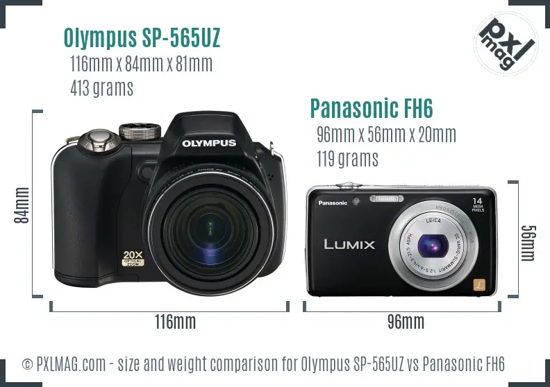 Olympus SP-565UZ vs Panasonic FH6 size comparison