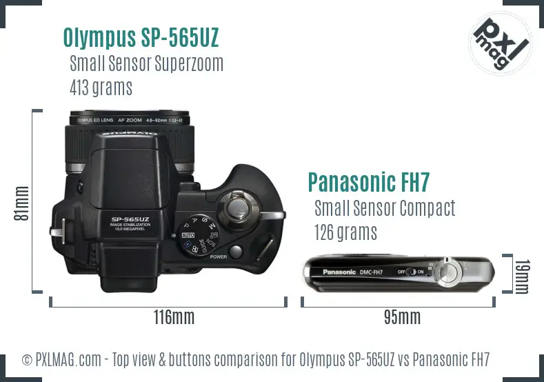 Olympus SP-565UZ vs Panasonic FH7 top view buttons comparison