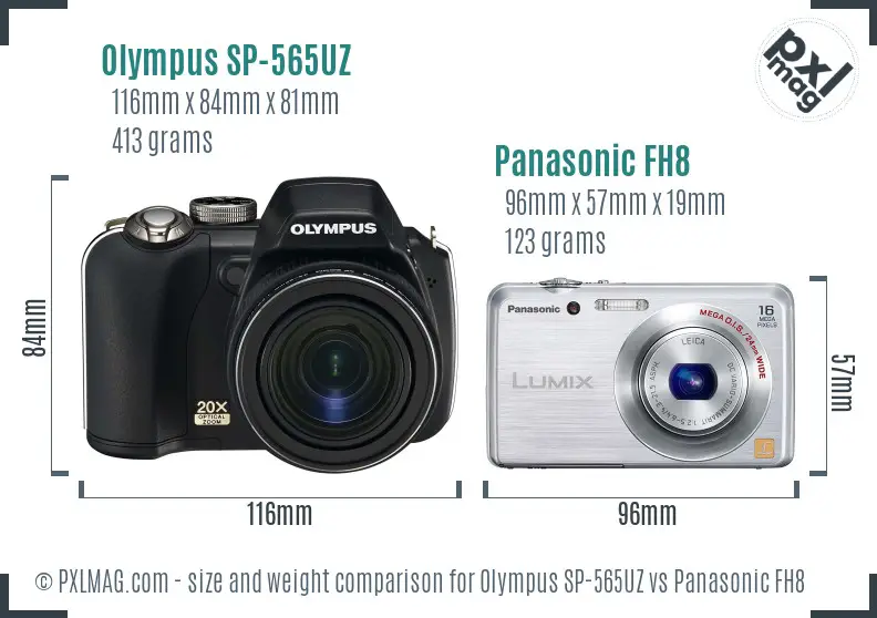 Olympus SP-565UZ vs Panasonic FH8 size comparison