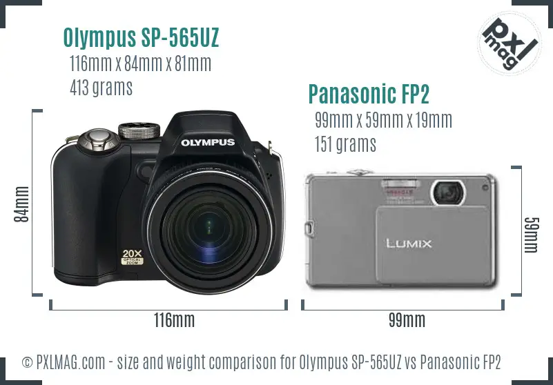 Olympus SP-565UZ vs Panasonic FP2 size comparison