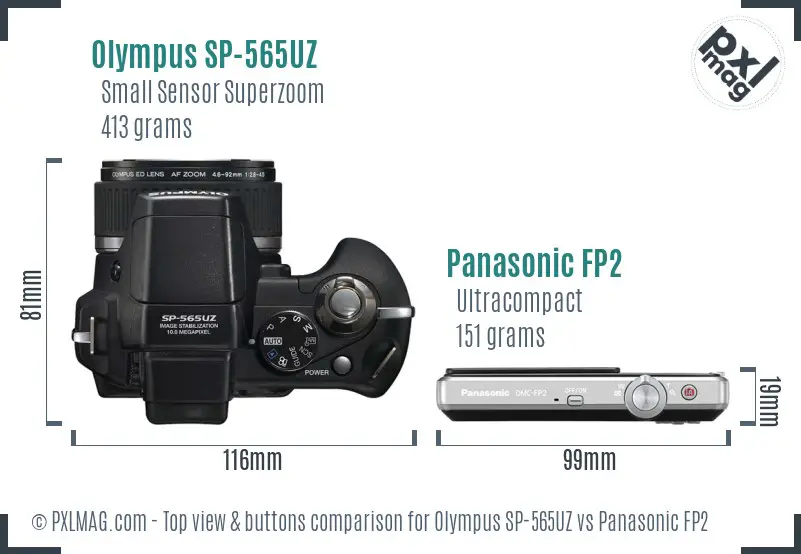 Olympus SP-565UZ vs Panasonic FP2 top view buttons comparison