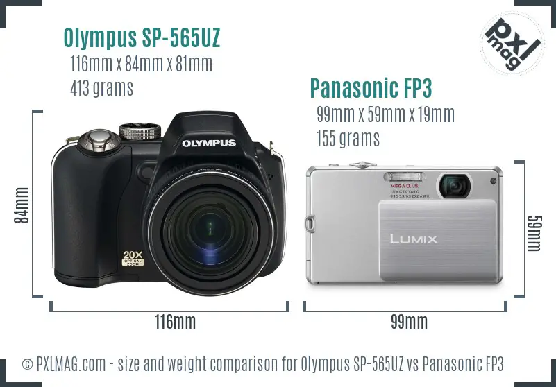 Olympus SP-565UZ vs Panasonic FP3 size comparison