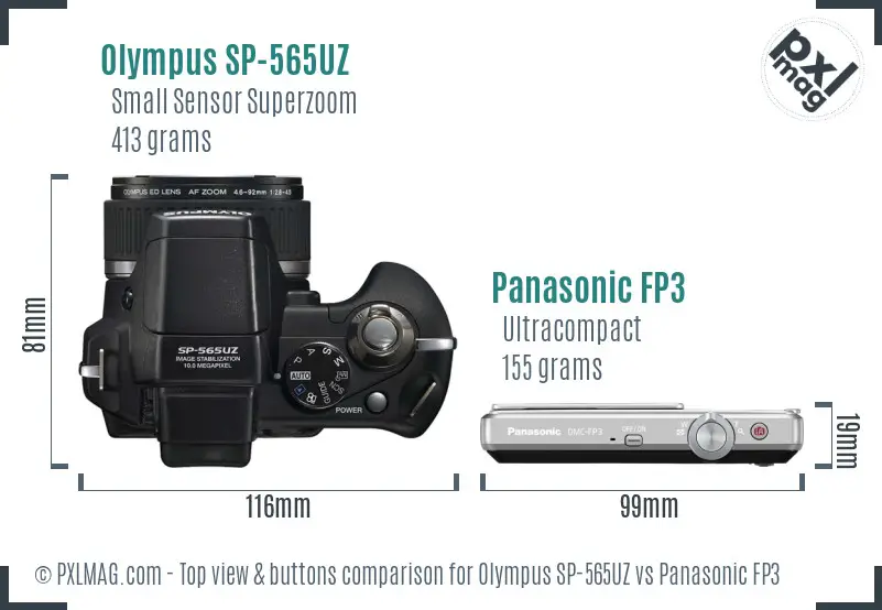 Olympus SP-565UZ vs Panasonic FP3 top view buttons comparison