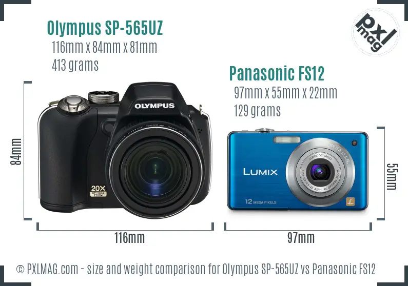 Olympus SP-565UZ vs Panasonic FS12 size comparison