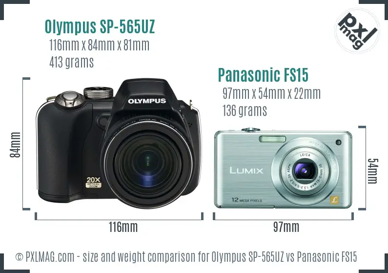 Olympus SP-565UZ vs Panasonic FS15 size comparison