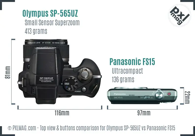 Olympus SP-565UZ vs Panasonic FS15 top view buttons comparison