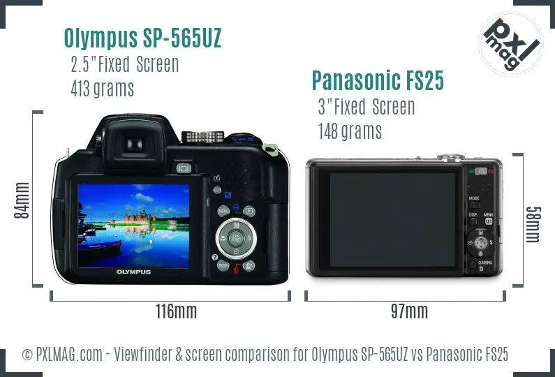 Olympus SP-565UZ vs Panasonic FS25 Screen and Viewfinder comparison