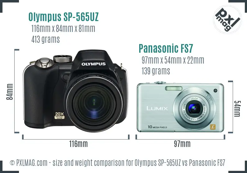 Olympus SP-565UZ vs Panasonic FS7 size comparison