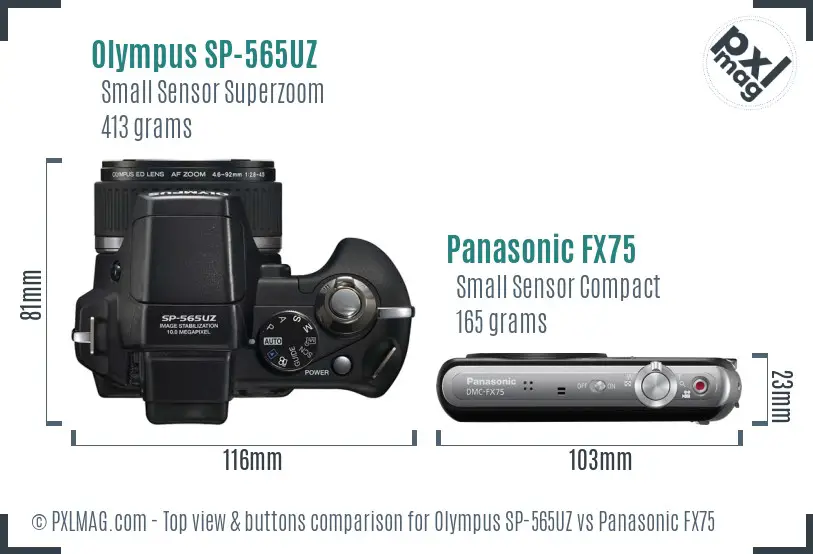 Olympus SP-565UZ vs Panasonic FX75 top view buttons comparison