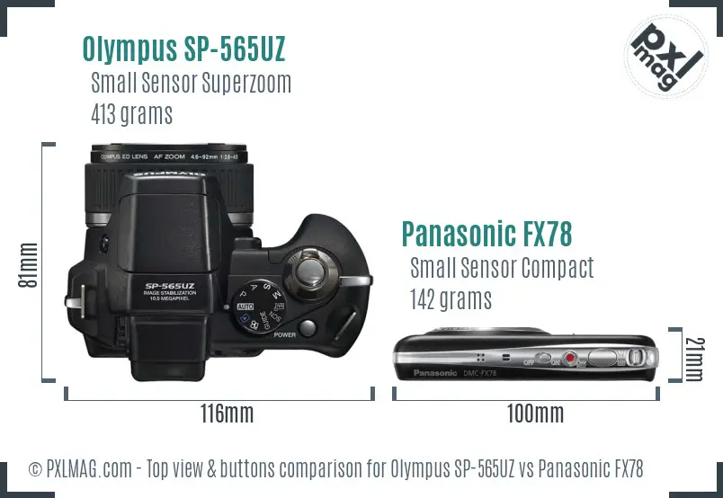 Olympus SP-565UZ vs Panasonic FX78 top view buttons comparison
