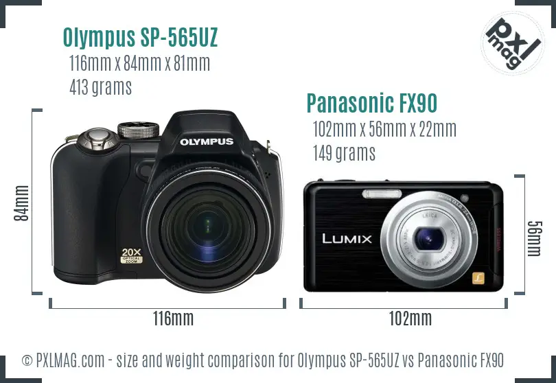 Olympus SP-565UZ vs Panasonic FX90 size comparison