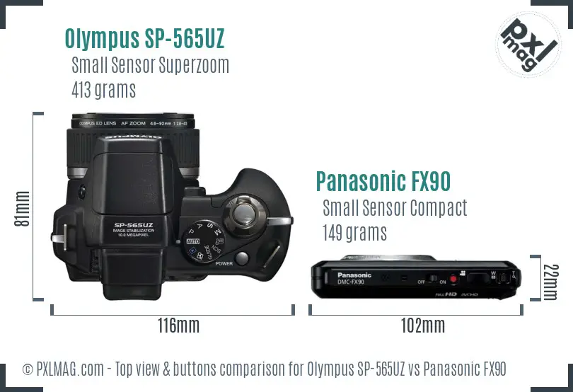 Olympus SP-565UZ vs Panasonic FX90 top view buttons comparison
