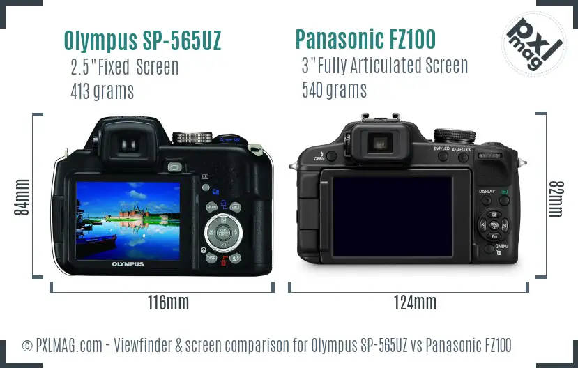 Olympus SP-565UZ vs Panasonic FZ100 Screen and Viewfinder comparison