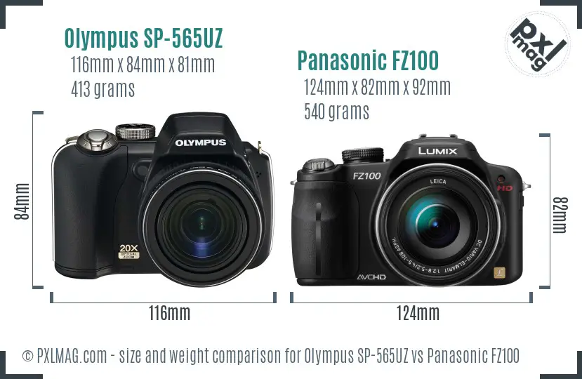Olympus SP-565UZ vs Panasonic FZ100 size comparison