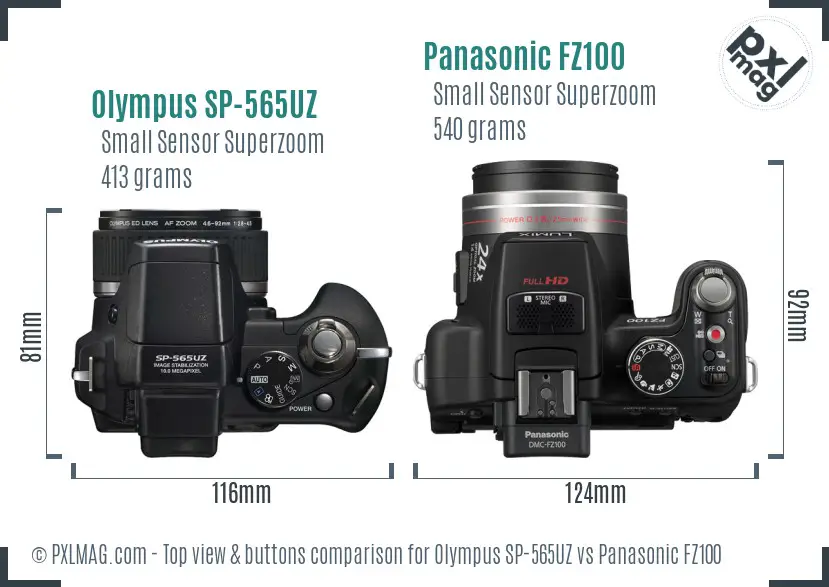 Olympus SP-565UZ vs Panasonic FZ100 top view buttons comparison