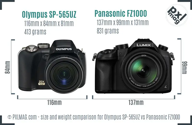 Olympus SP-565UZ vs Panasonic FZ1000 size comparison