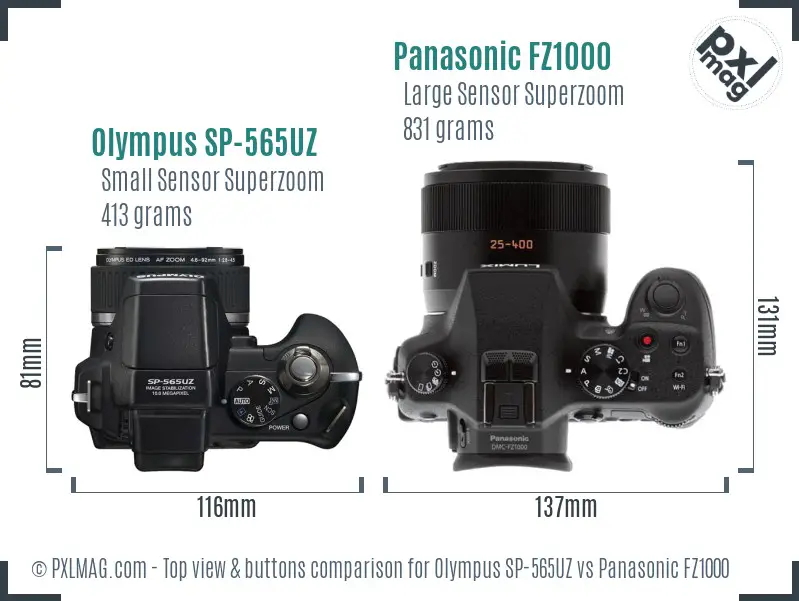 Olympus SP-565UZ vs Panasonic FZ1000 top view buttons comparison