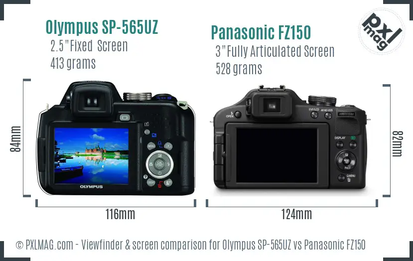 Olympus SP-565UZ vs Panasonic FZ150 Screen and Viewfinder comparison