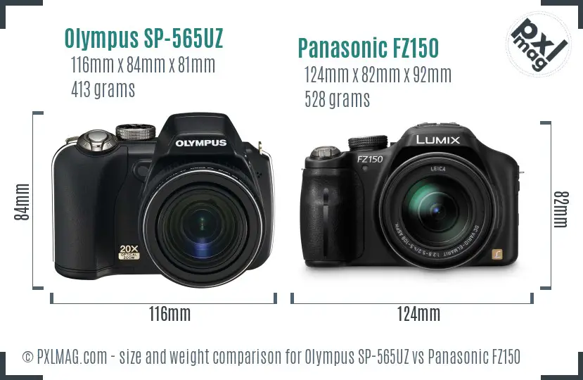 Olympus SP-565UZ vs Panasonic FZ150 size comparison