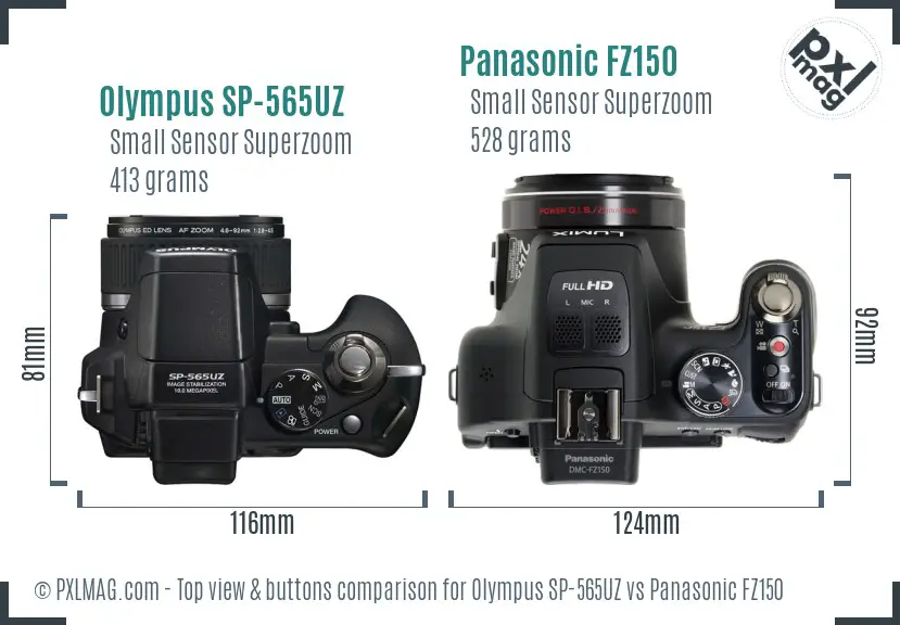 Olympus SP-565UZ vs Panasonic FZ150 top view buttons comparison