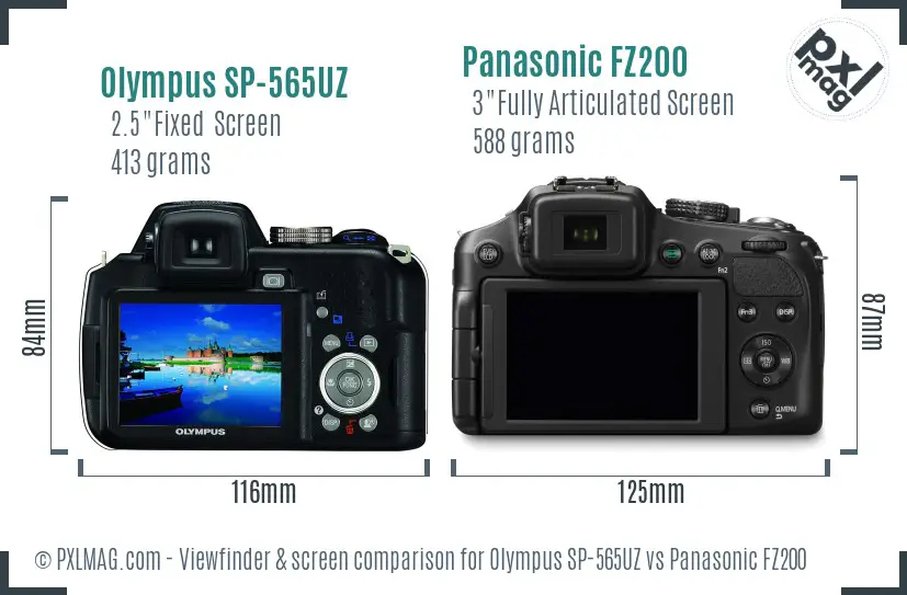 Olympus SP-565UZ vs Panasonic FZ200 Screen and Viewfinder comparison