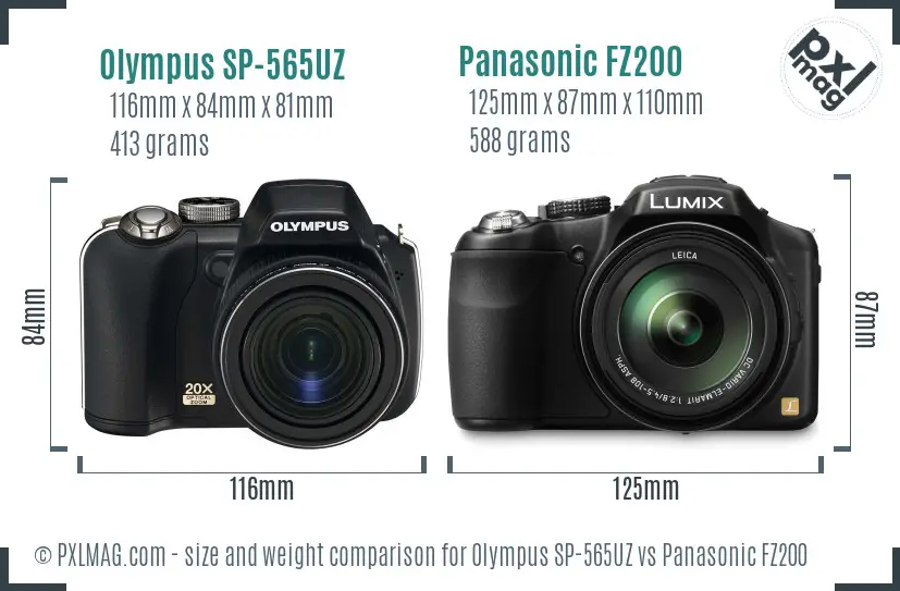 Olympus SP-565UZ vs Panasonic FZ200 size comparison
