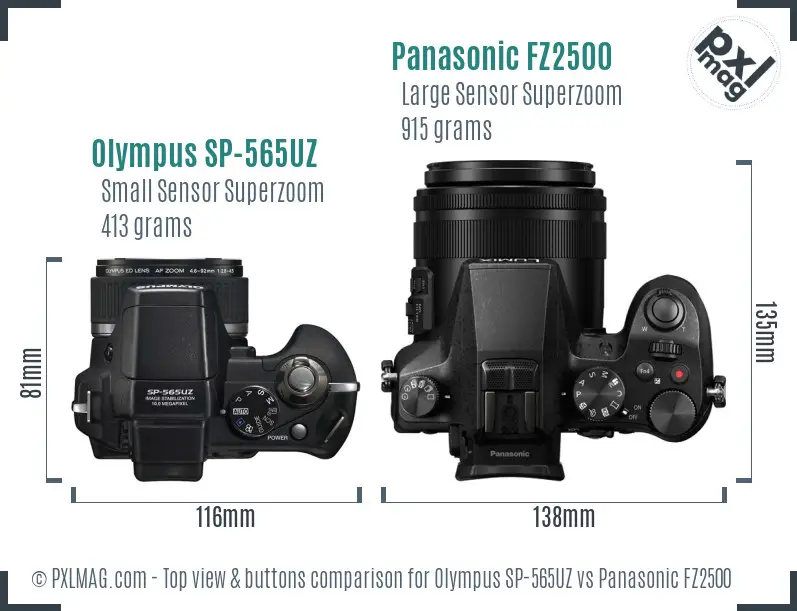 Olympus SP-565UZ vs Panasonic FZ2500 top view buttons comparison