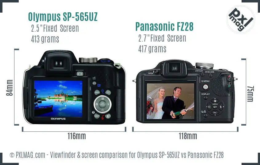 Olympus SP-565UZ vs Panasonic FZ28 Screen and Viewfinder comparison